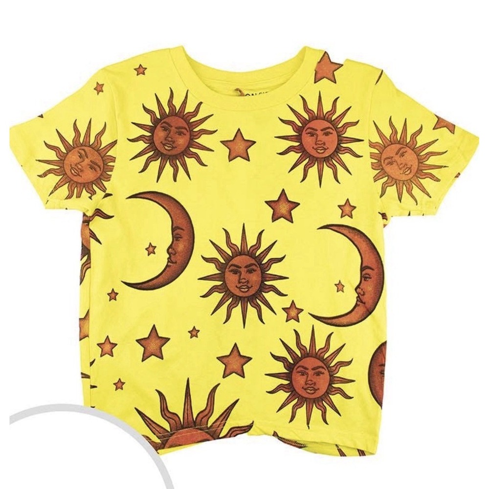 On Fire Yellow T-Shirt All-over Celestial Print Suns and Crescent Moons Medium